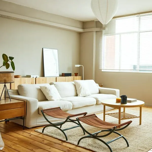 Sofa with coffee table by window in living room. Folding portable stool is kept on carpet at home. Interior of modern bright apartment.